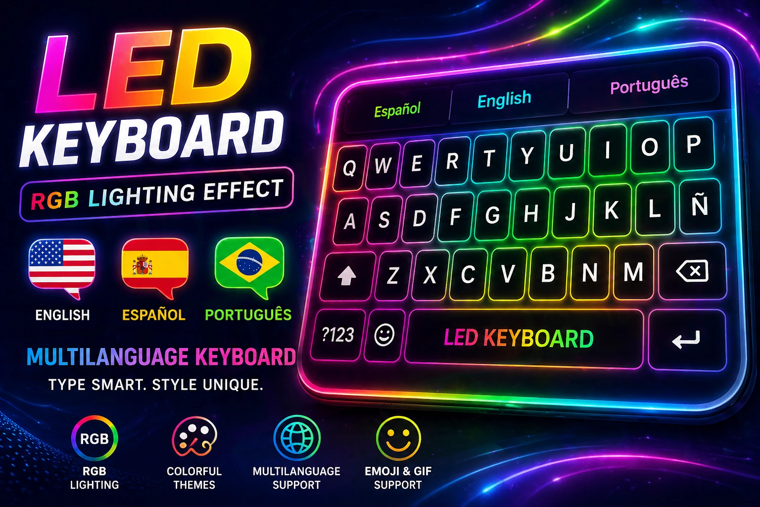 LED Keyboard – RGB Lighting Effect Multilanguage English, Spanish, Portuguese